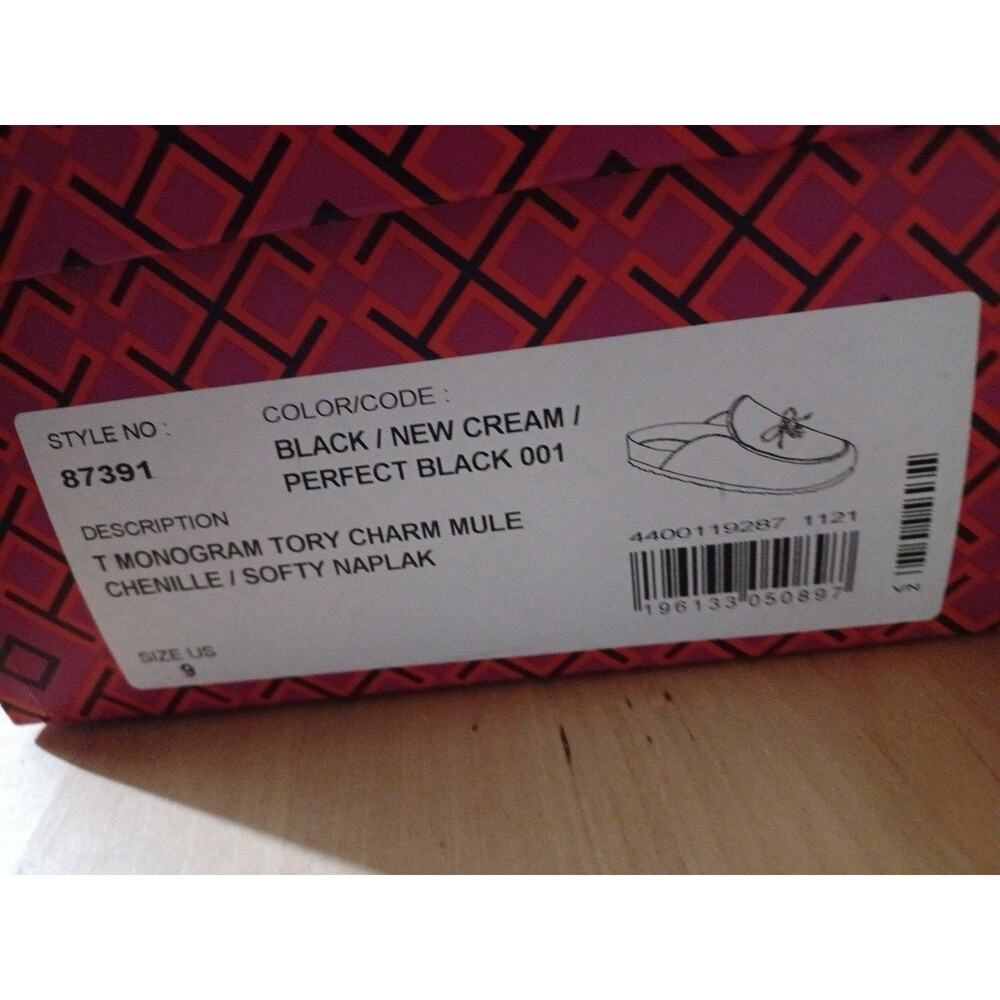 Tory Burch T Monogrammed Tory Charm Mules Clogs Size 9 Black Cream New In Box - Picture 10 of 10